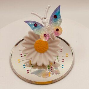 Rainbow Butterfly on Daisy Glass Figurine Mirror Base Nature Decor